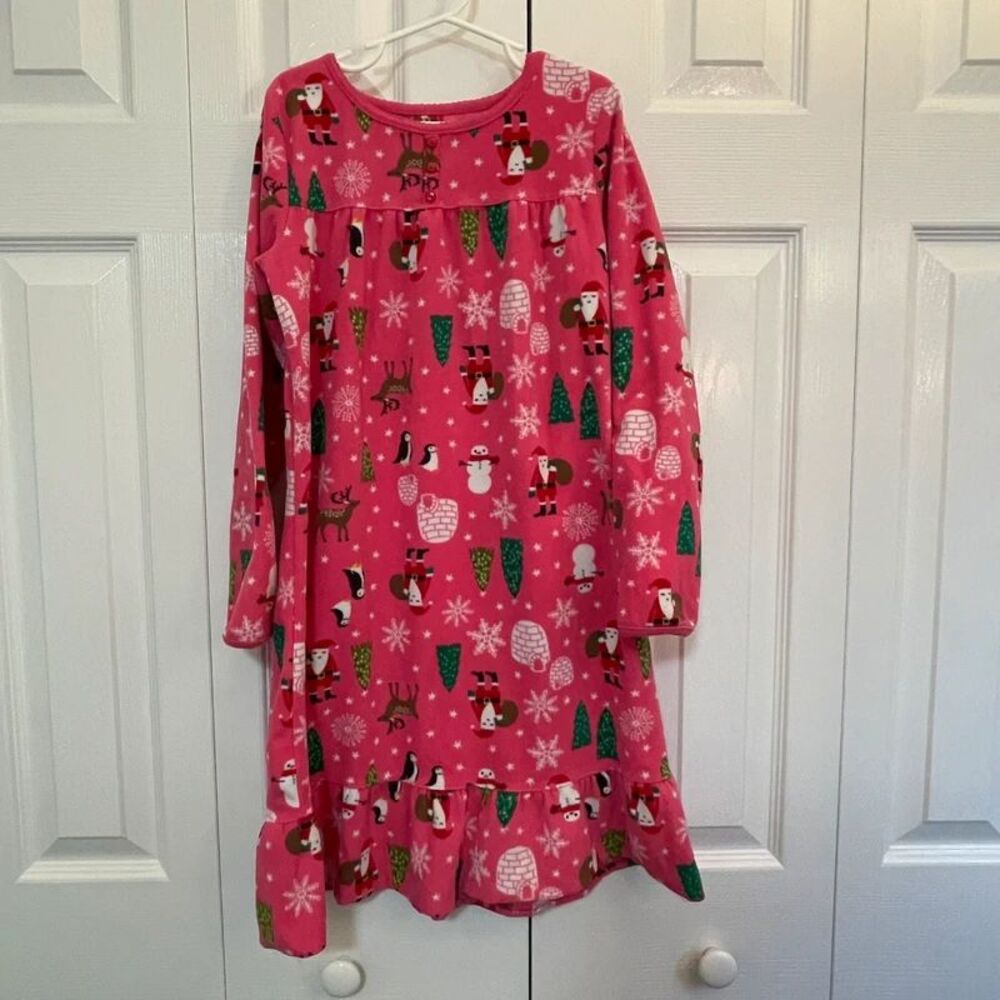 Carter’s Girls Pink Christmas Fleece Nightgown Size 8/10 Santa Reindeer Holiday